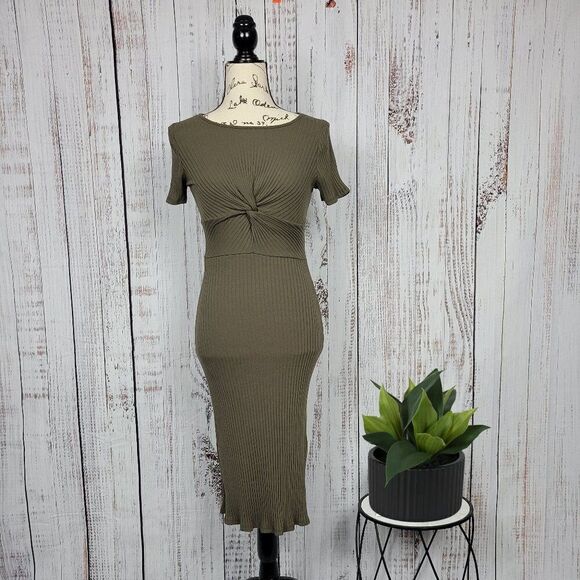 Everly Green Ribbed Knot Jewel Neck Chic Bodycon Midi Summer Short Sleeve Dress - Picture 1 of 6